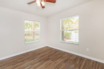Ceiling fan in vacant apartment home bedroom